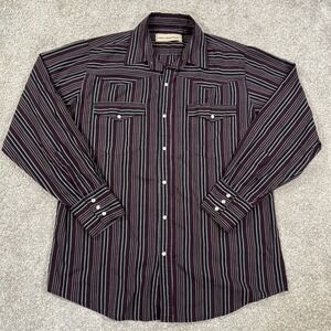 Bit & Bridle Men's L Striped Western Shirt Pearl Snap Long Sleeve Burgundy Black